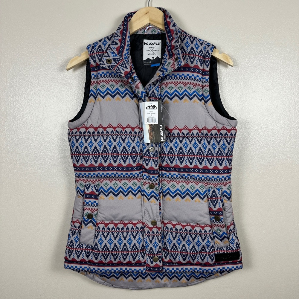 KAVU Women's S Briar Old School Puffer Vest Grey Multicolor Geometric NEW